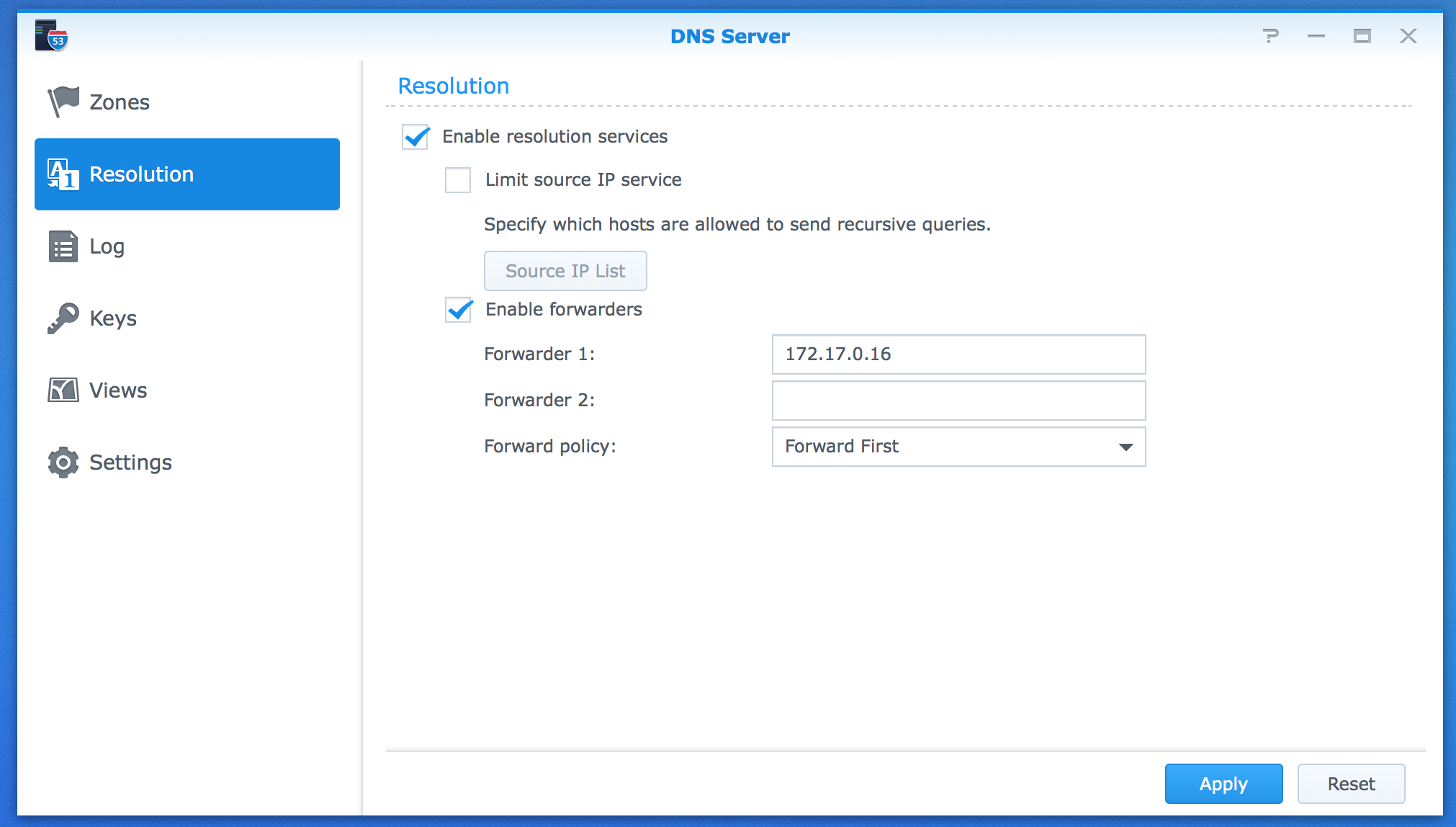 Synology DNS Server configuation pane